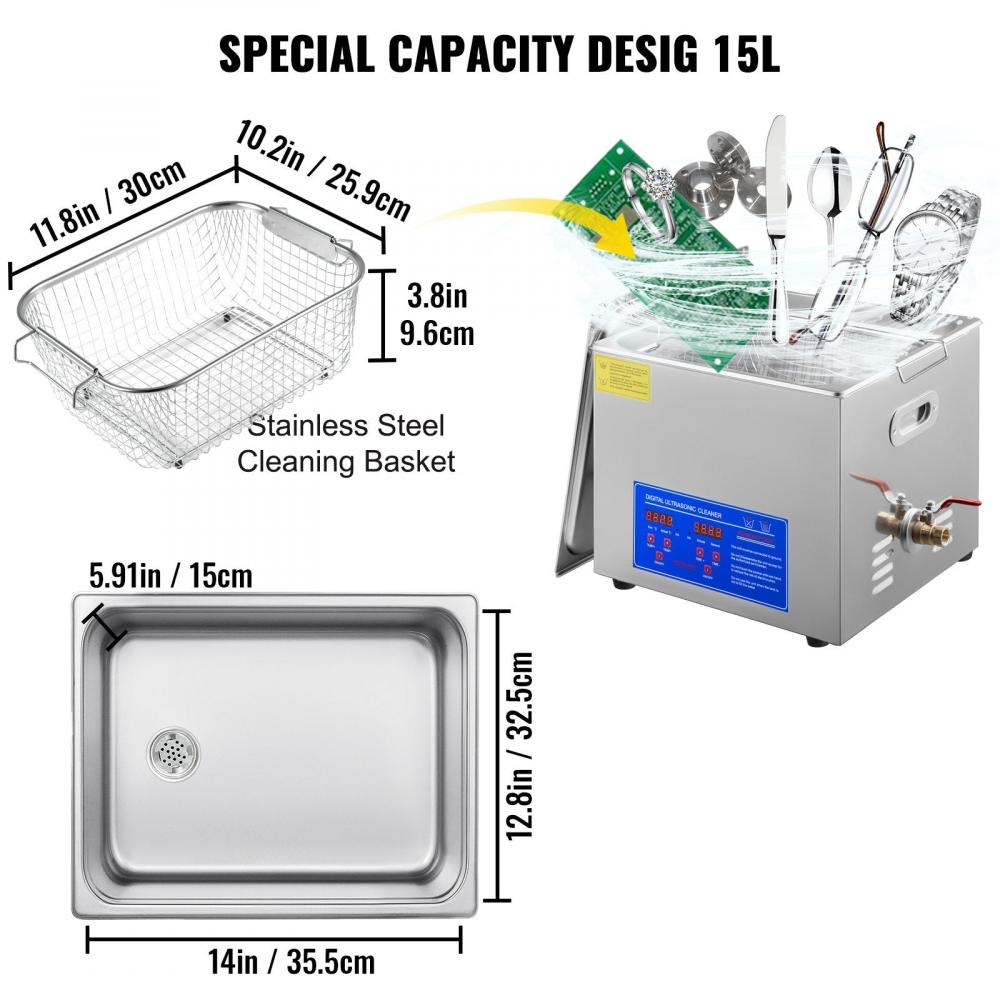 Ultrasonic cleaner 15L - stainless steel with heating
