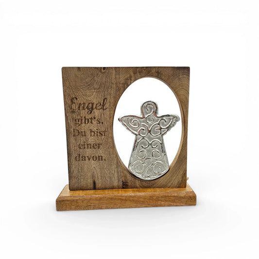 Dekoschild Engel mit Spuch Mangoholz Metall Aufsteller Schild Wohnaccessoire Holz