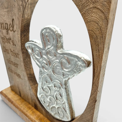 Dekoschild Engel mit Spuch Mangoholz Metall Aufsteller Schild Wohnaccessoire Holz