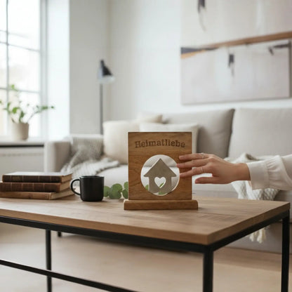 Dekoschild mit Haus Herz Mangoholz Metall Aufsteller Schild Wohnaccessoire Holz
