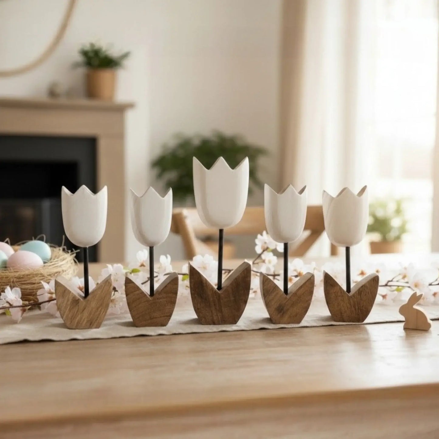 Holzblumen Dekoration aus Mangoholz 5er Set – Deko Blumen aus Holz 14–18 cm