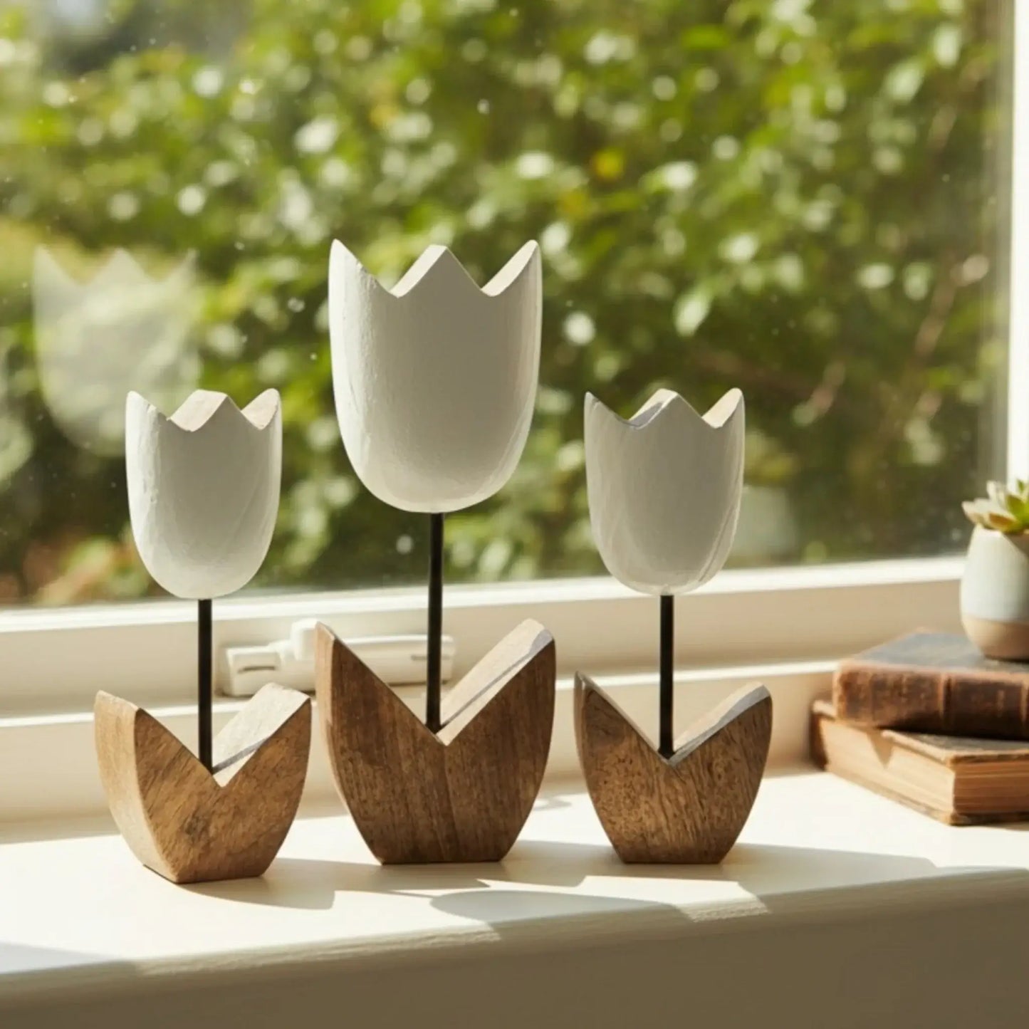 Holzblumen Dekoration aus Mangoholz 5er Set – Deko Blumen aus Holz 14–18 cm