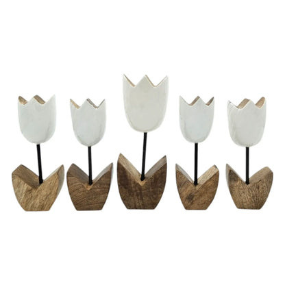 Holzblumen Dekoration aus Mangoholz 5er Set – Deko Blumen aus Holz 14–18 cm