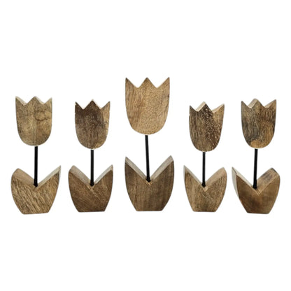 Holzblumen Dekoration aus Mangoholz 5er Set – Deko Blumen aus Holz 14–18 cm