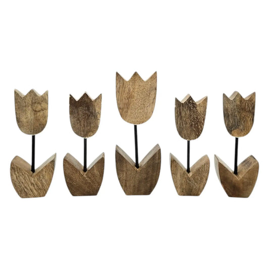 Holzblumen Dekoration aus Mangoholz 5er Set – Deko Blumen aus Holz 14–18 cm