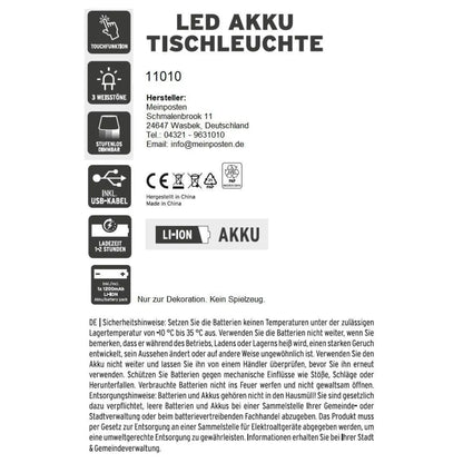 Lampe LED ohne Kabel Touch Tischleuchte Tischlampe Leuchte kabellos dimmbar