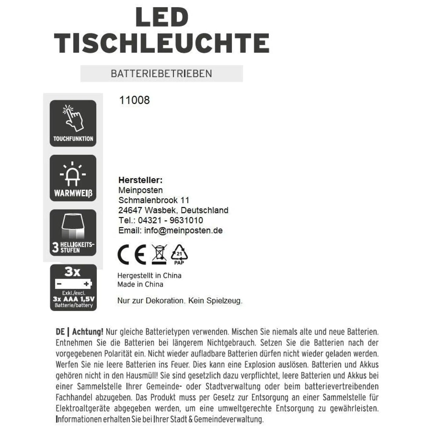 Lampe LED ohne Kabel Touch Tischleuchte Tischlampe Leuchte kabellos dimmbar