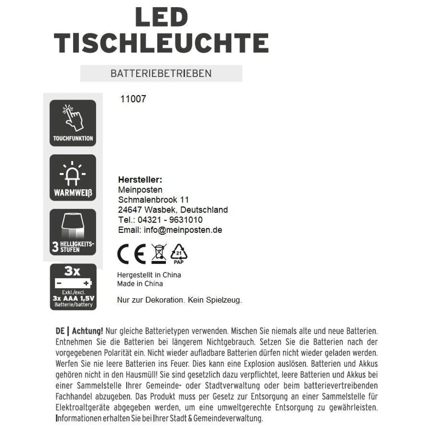 Lampe LED ohne Kabel Touch Tischleuchte Tischlampe Leuchte kabellos dimmbar