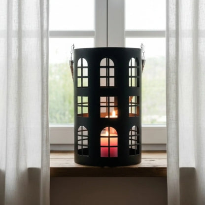 Laterne XXL Windlicht rund Haus schwarz weiß 40 cm Metall Kerzenhalter Industrial