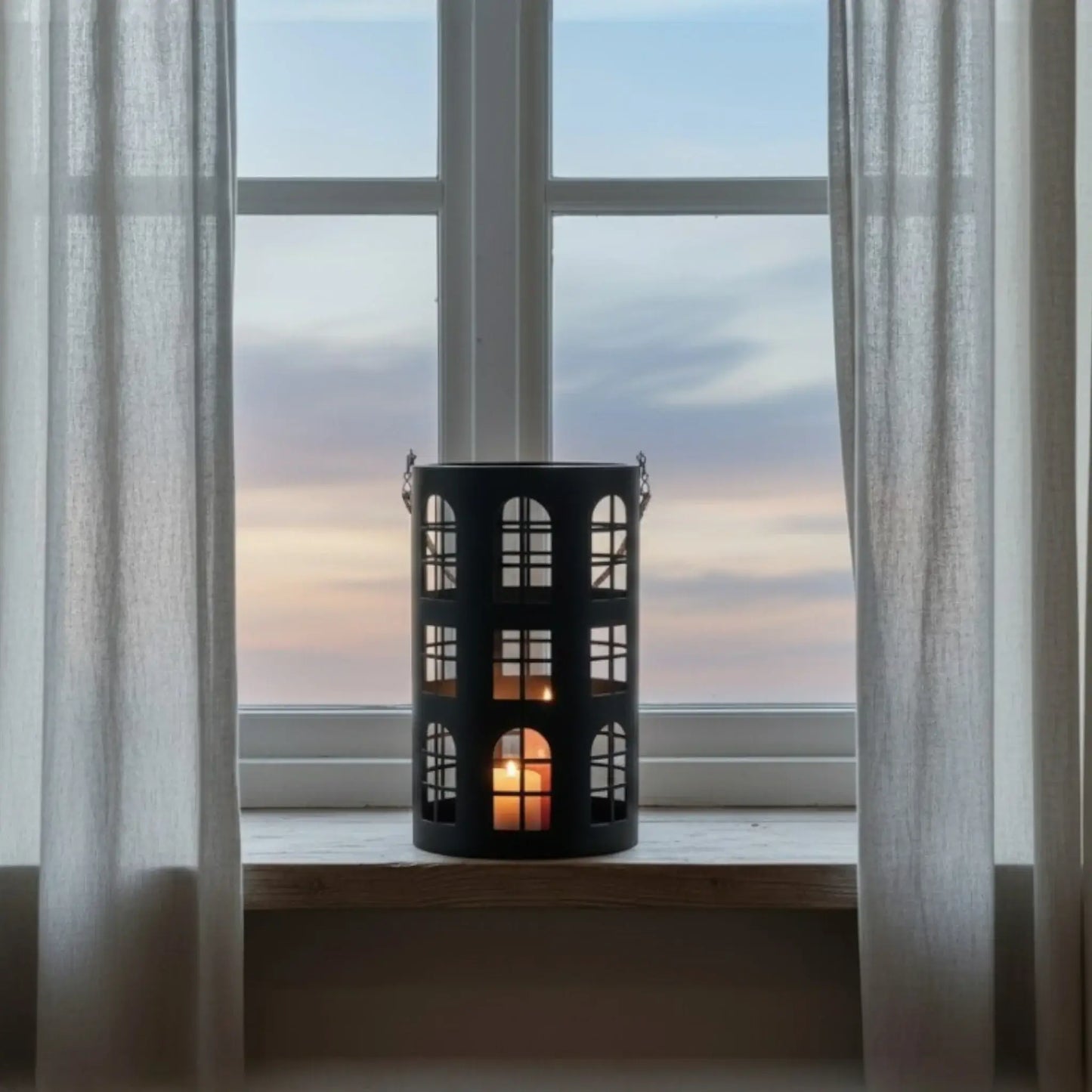 Laterne XXL Windlicht rund Haus schwarz weiß 40 cm Metall Kerzenhalter Industrial