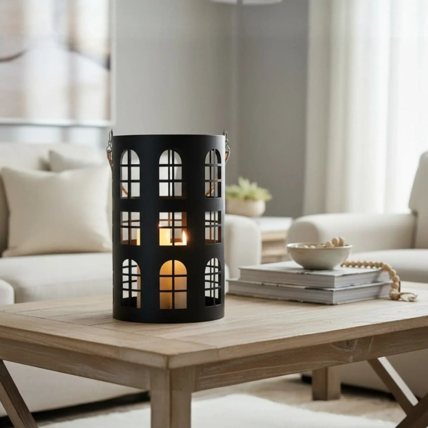 Laterne XXL Windlicht rund Haus schwarz weiß 40 cm Metall Kerzenhalter Industrial