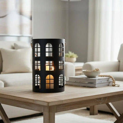 Laterne XXL Windlicht rund Haus schwarz weiß 40 cm Metall Kerzenhalter Industrial