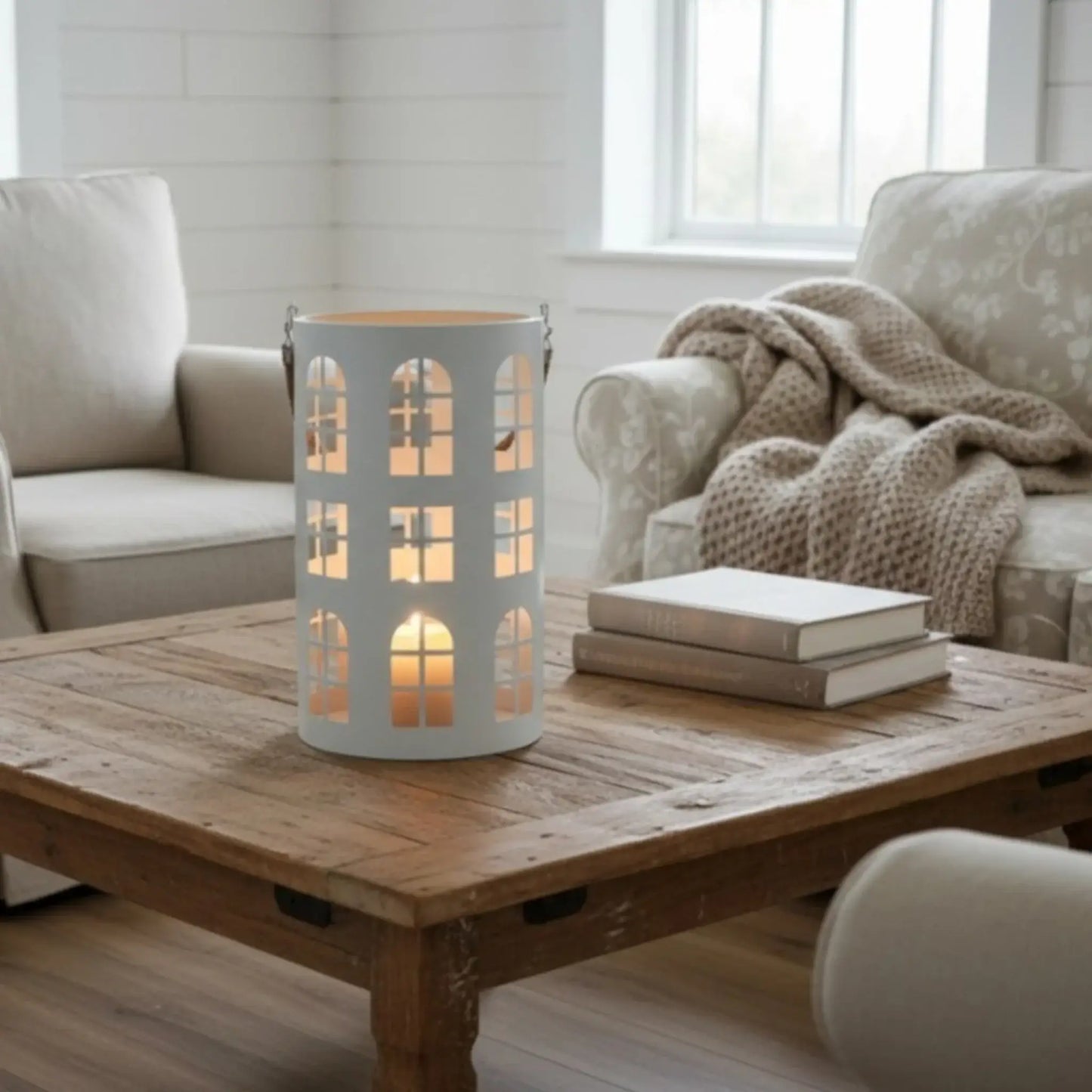 Laterne XXL Windlicht rund Haus schwarz weiß 40 cm Metall Kerzenhalter Industrial
