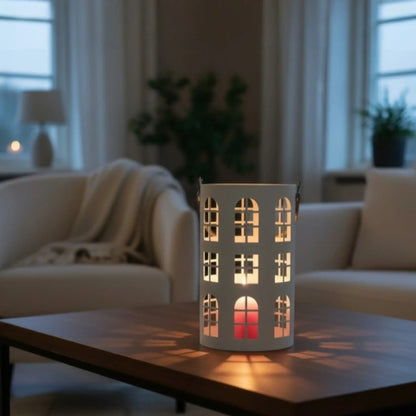 Laterne XXL Windlicht rund Haus schwarz weiß 40 cm Metall Kerzenhalter Industrial