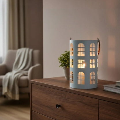 Laterne XXL Windlicht rund Haus schwarz weiß 40 cm Metall Kerzenhalter Industrial