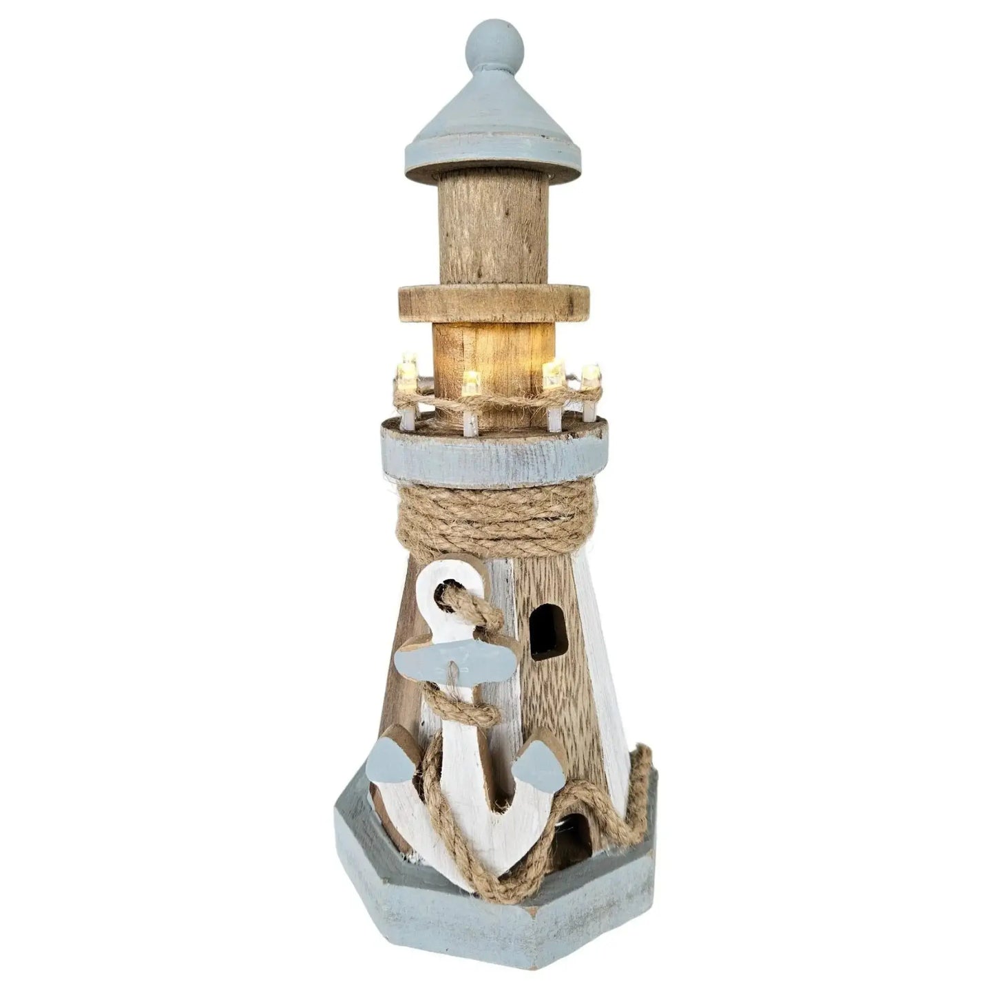 Leuchtturm beleuchtet Holz LED Deko Dekoration Maritim Anker Strand Meer H 24 cm