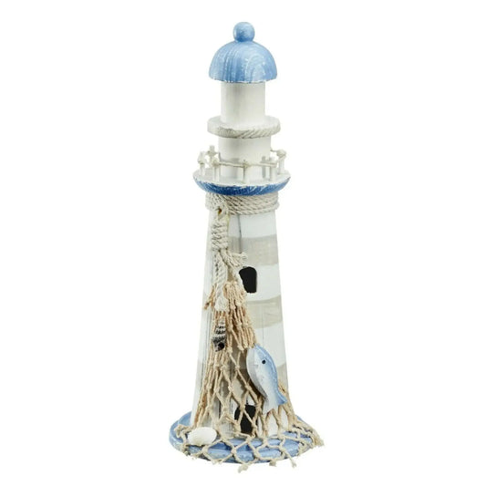 Leuchtturm Holz blau weiß Deko m. Muscheln & Netz Dekoration Strand Meer Maritim