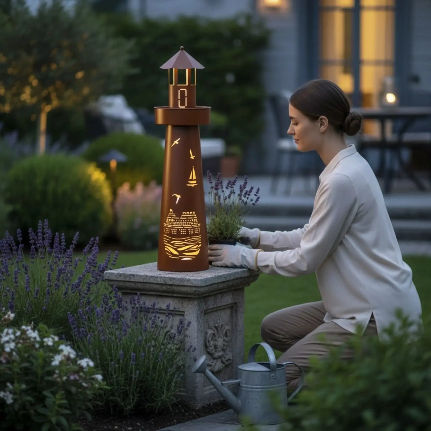Leuchtturm LED Rostoptik Pflanzturm Pflanzschale Maritim Gartenbeleuchtung 80x20 cm
