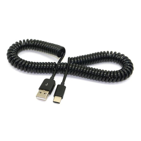 SYSTEM-S USB Type C 3.1 zu USB 2.0 Spiralkabel Datenkabel Ladekabel Kabel 100-200 cm schwarz