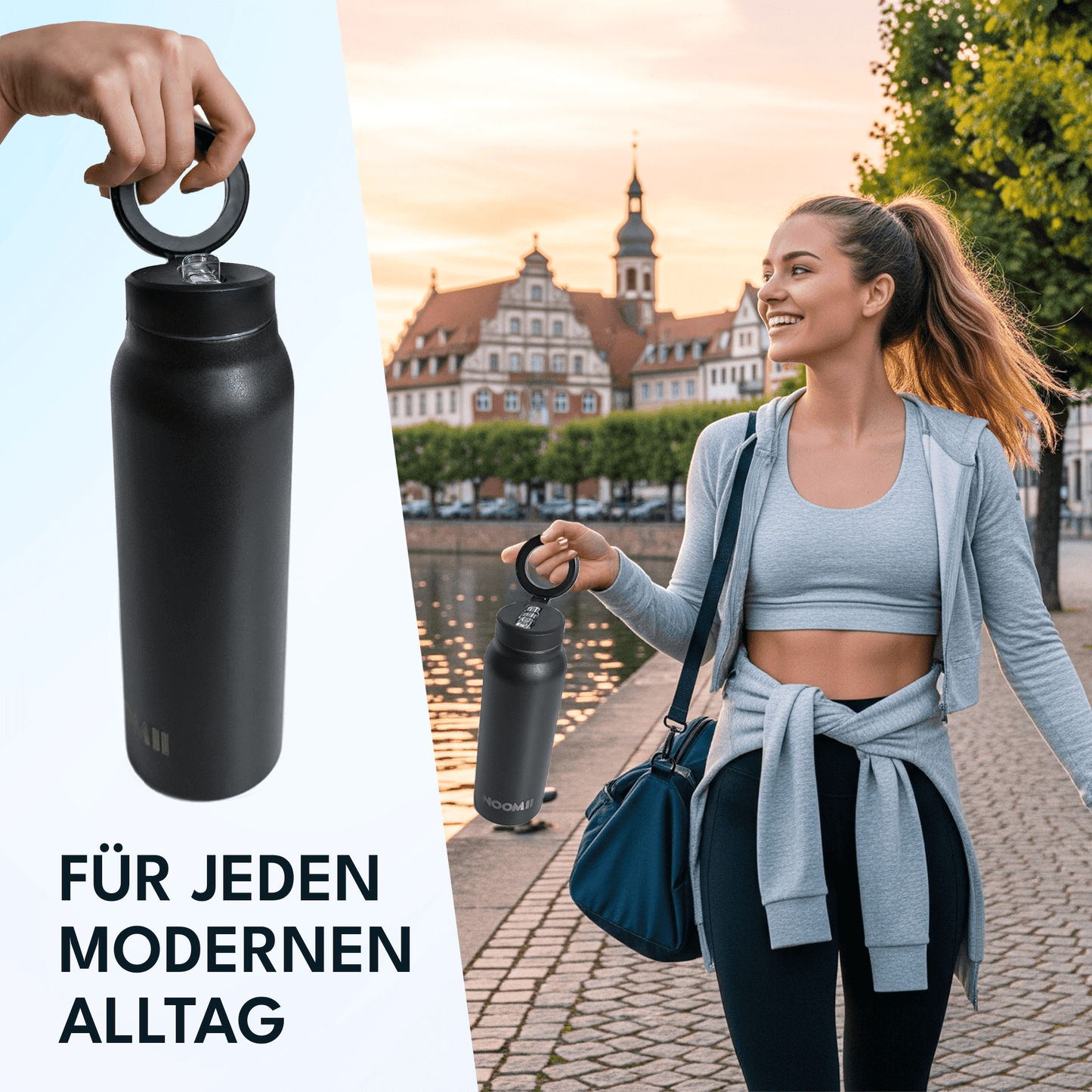 NooMii Edelstahl-Trinkflasche 800ml – Magnetdeckel & Handyhalter