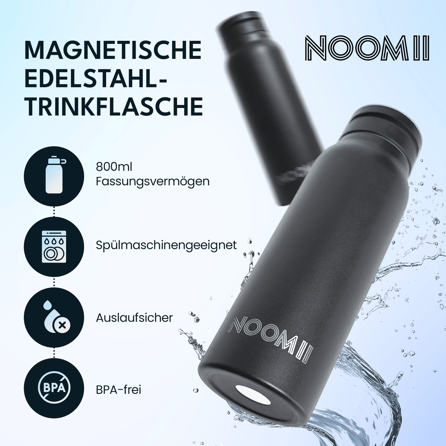 NooMii Edelstahl-Trinkflasche 800ml – Magnetdeckel & Handyhalter