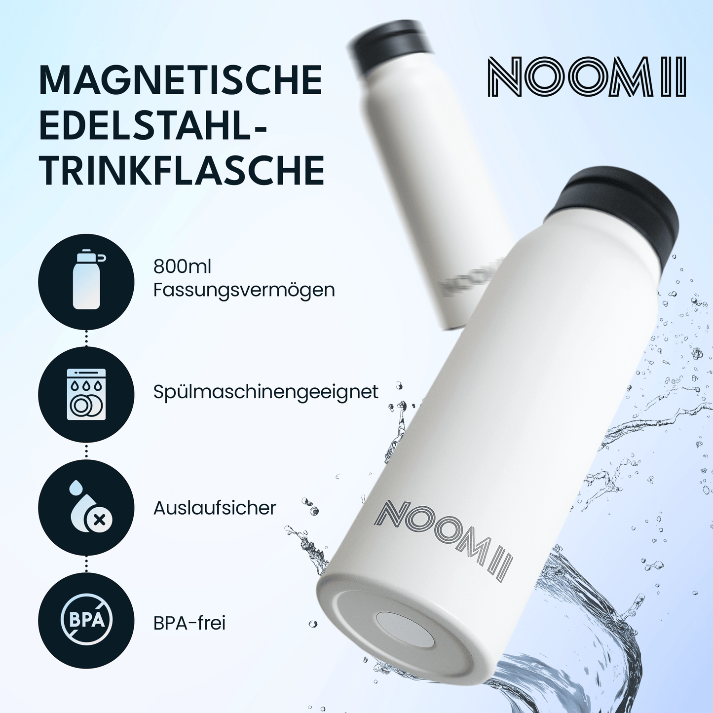 NooMii Edelstahl-Trinkflasche 800ml – Magnetdeckel & Handyhalter