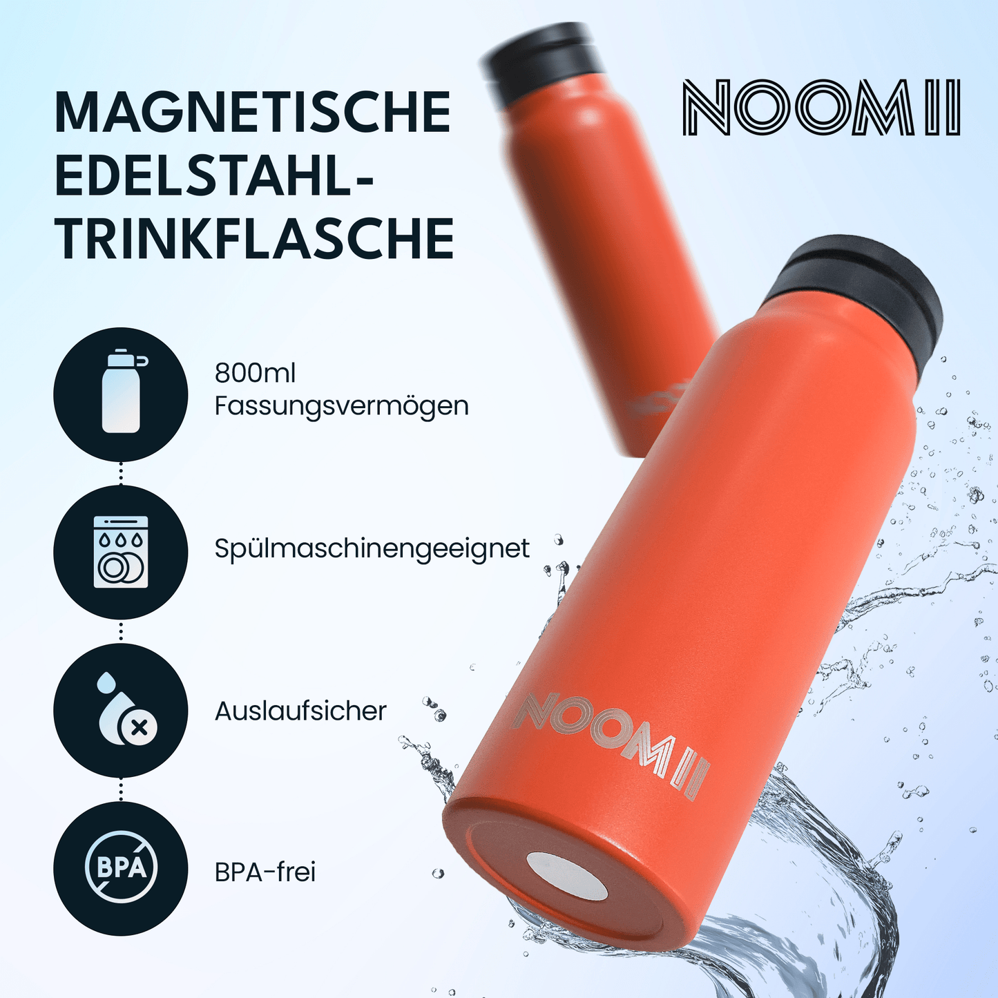 NooMii Edelstahl-Trinkflasche 800ml – Magnetdeckel & Handyhalter