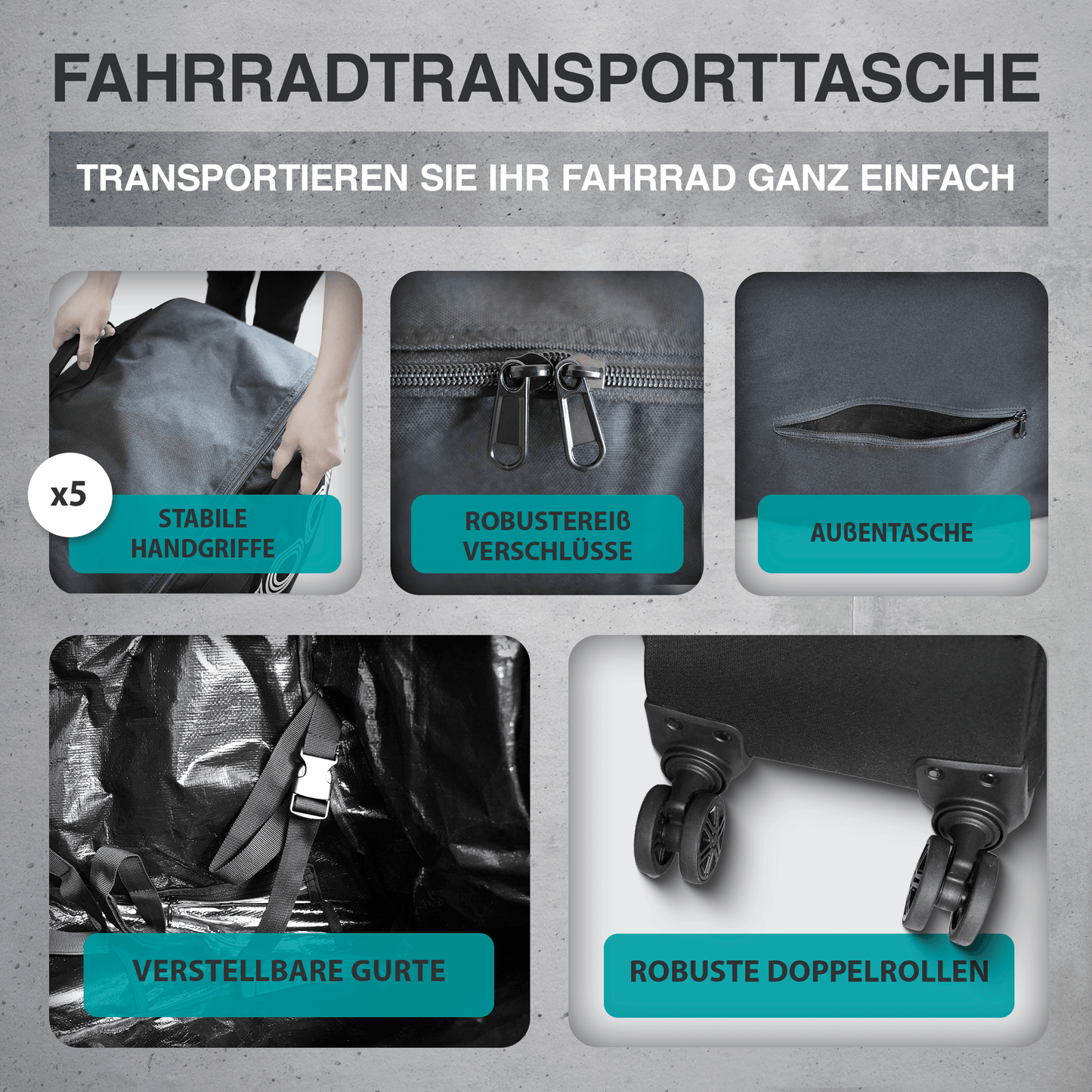 NooMii Fahrrad Transporttasche – Bike Travel Bag mit Rollen | 128x78x25 cm | Rennrad, MTB, E-Bike