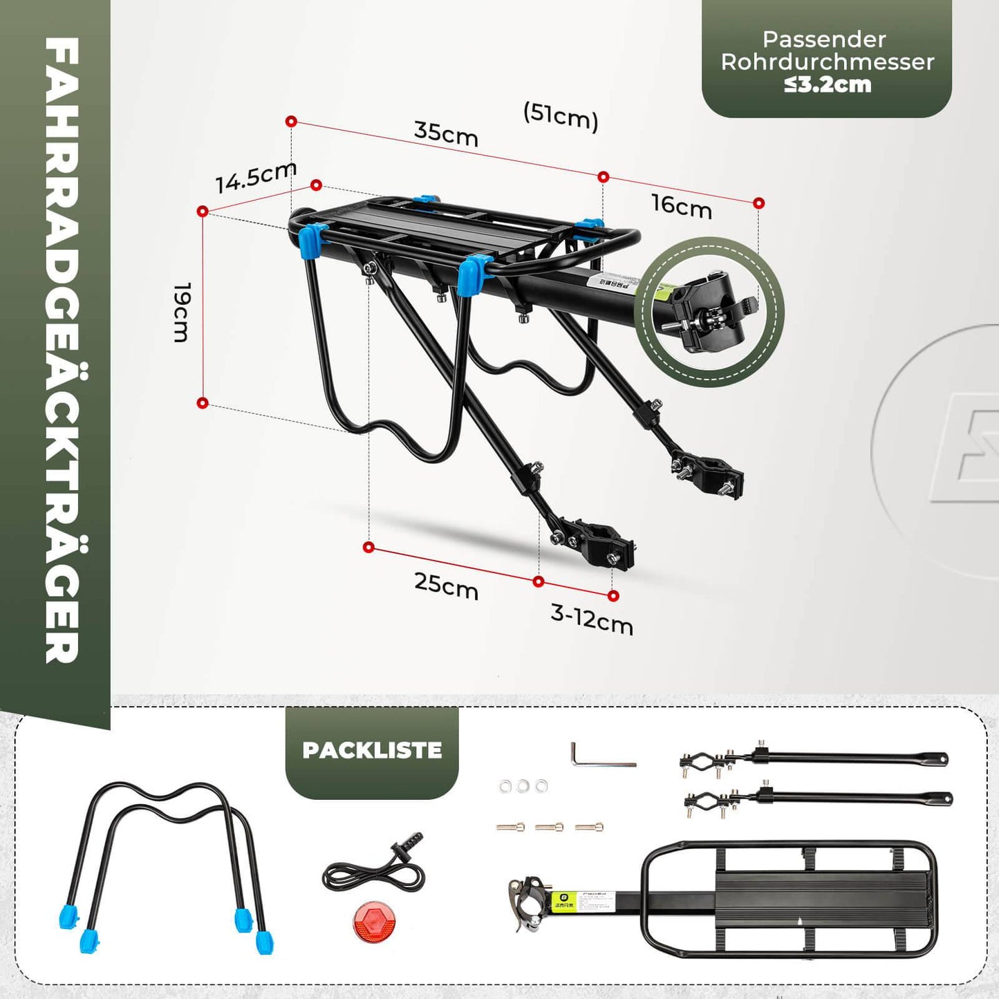 ROCKBROS Fahrrad Gepäckträger mit Reflektor und Schnellspanner 24-29 Zoll