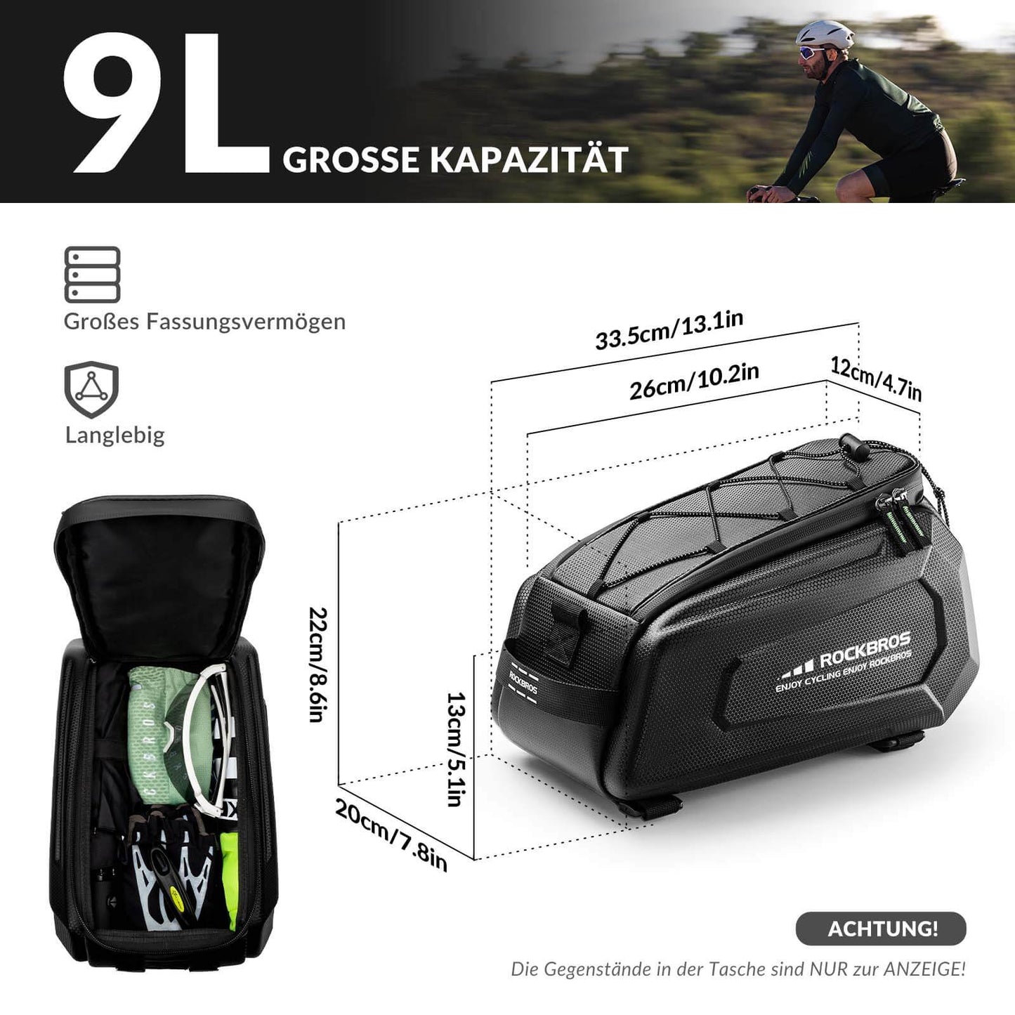 Fahrrad-Gepäckträgertasche, 9L, wasserabweisend – inkl. Regenhülle & verstellbarem Schultergurt