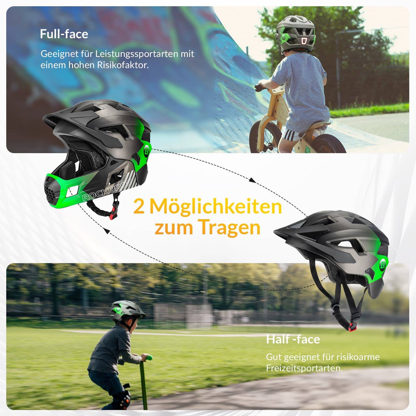 ROCKBROS Kinderhelm BMX MTB Downhill Helm mit Abnehmbarem Kinnschutz und Krempe