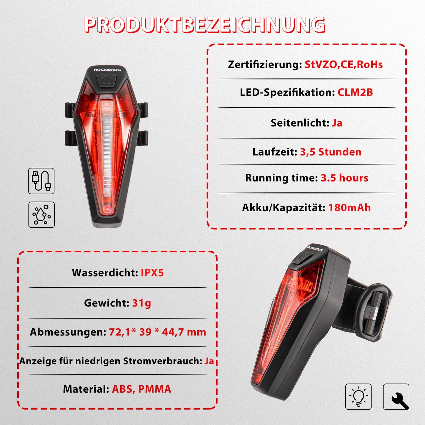 ROCKBROS LED hinten Fahrradlicht Aufladbarer IPX5 Wasserdicht