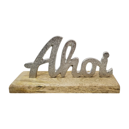 Schild Aufsteller AHOI Metall Mangoholz Maritim Dekoschild Schriftzug 17x8 cm