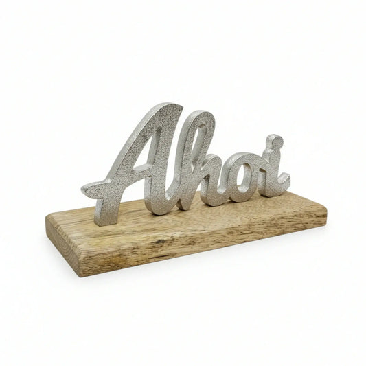 Schild Aufsteller AHOI Metall Mangoholz Maritim Dekoschild Schriftzug 17x8 cm