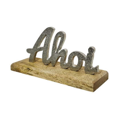 Schild Aufsteller AHOI Metall Mangoholz Maritim Dekoschild Schriftzug 17x8 cm