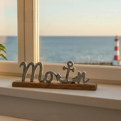 Schild Aufsteller MOIN Metall Mangoholz Maritim Dekoschild Schriftzug 40x10 cm