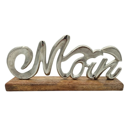 Schriftzug Moin Möwe Dekoschriftzug Mangoholz Schild Aluminium Holz Silber 33 cm