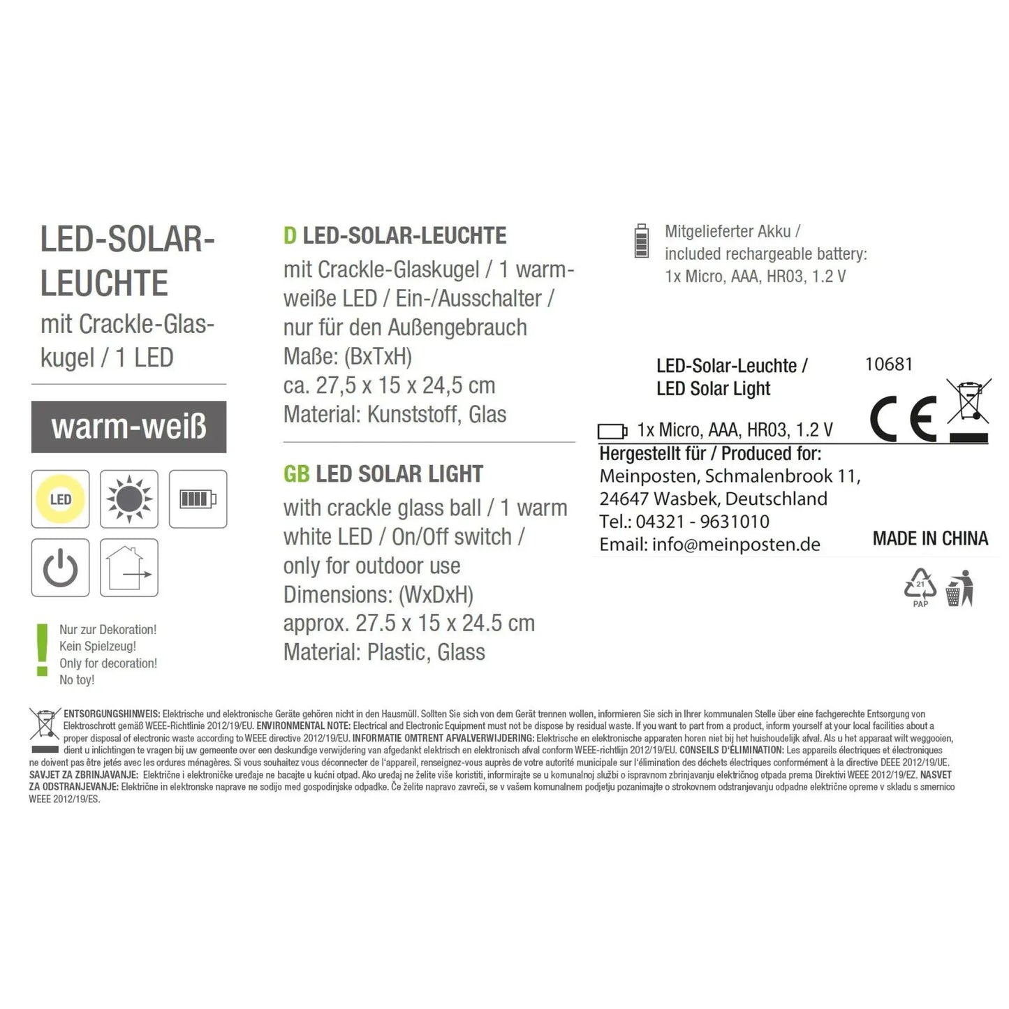 Solarleuchte MALI Solarlampe warmweiß Garten Balkon Laterne