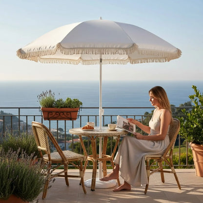 Sonnenschirm Strandschirm Balkon Gartenschirm creme Fransen Boho chic UV30+ 155cm
