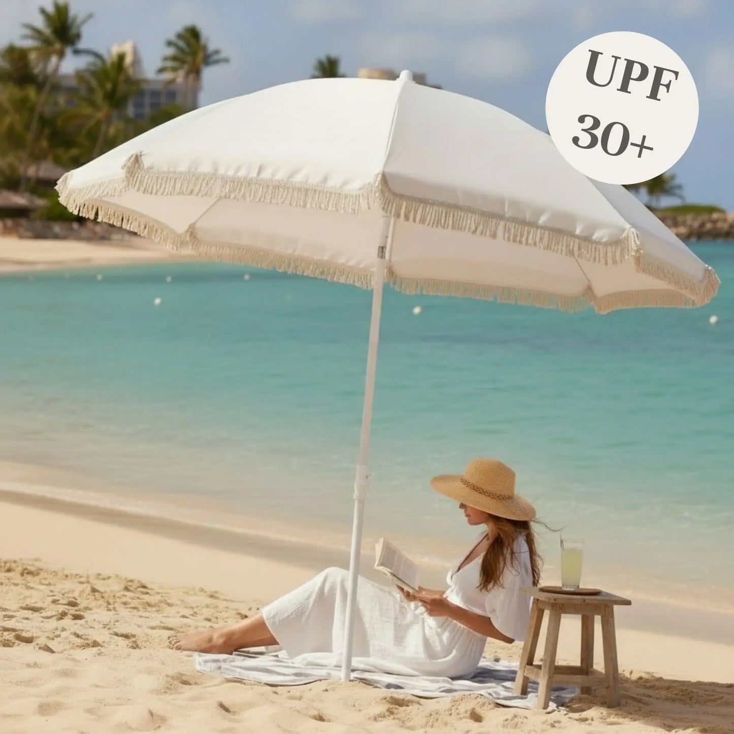 Sonnenschirm Strandschirm Balkon Gartenschirm creme Fransen Boho chic UV30+ 155cm