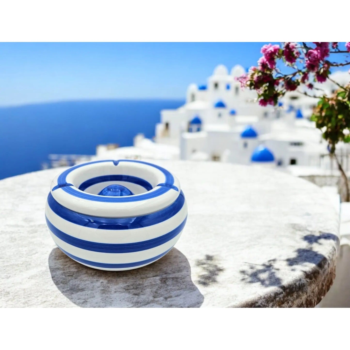 Sturmaschenbecher Mykonos M / XXL 23 cm Maritim blau weiß Aschenbecher gestreift