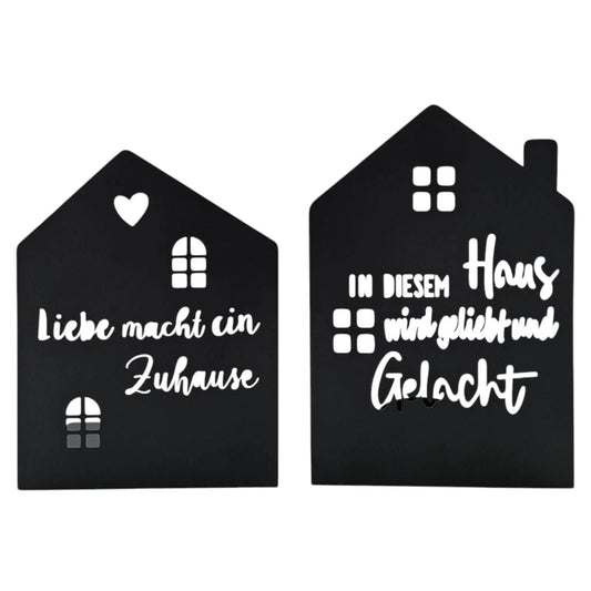 Teelichthalter Haus schwarz 2er Set Kerzenhalter Metall Zuhause Sprüche
