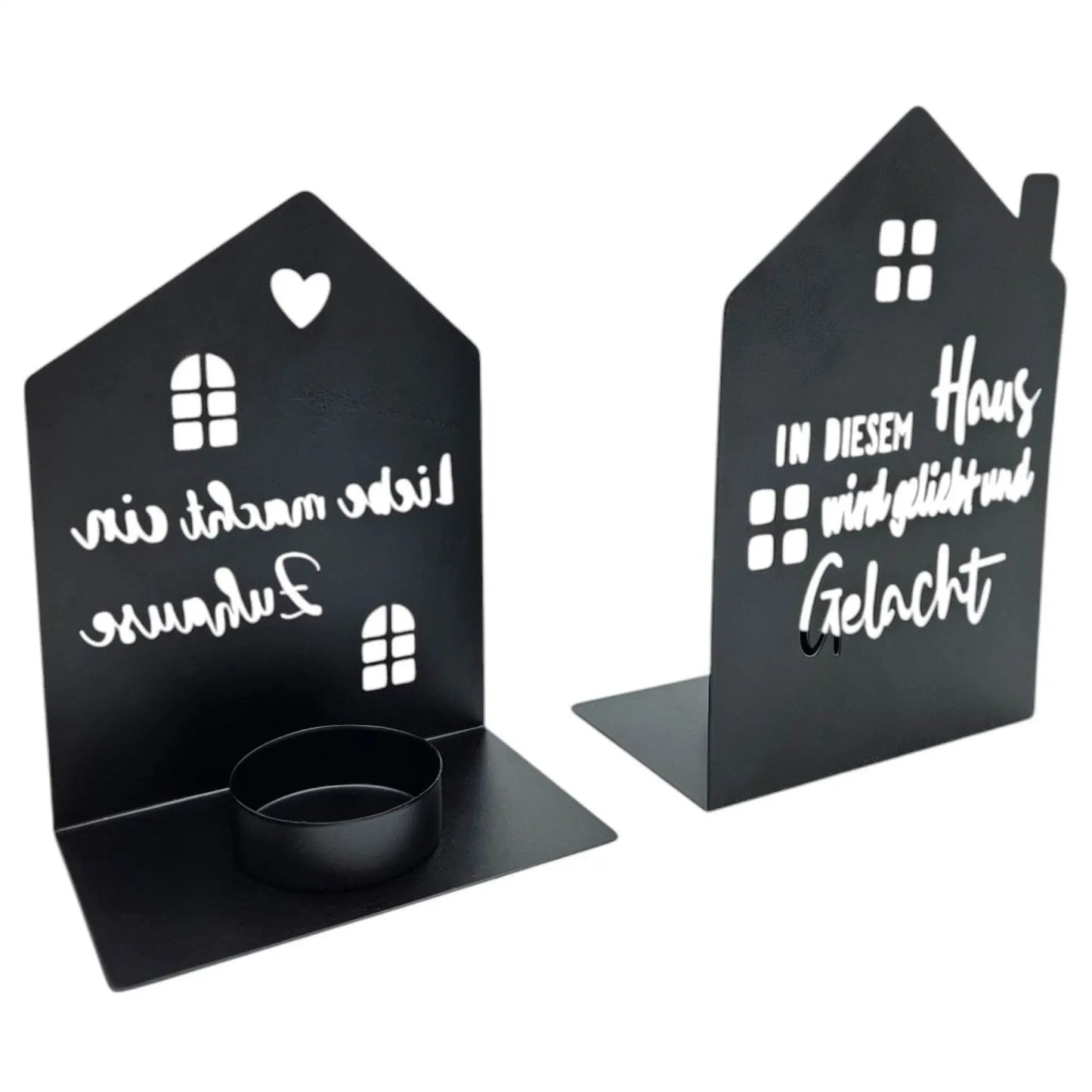 Teelichthalter Haus schwarz 2er Set Kerzenhalter Metall Zuhause Sprüche