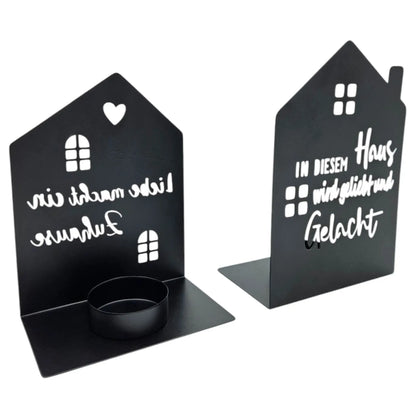 Teelichthalter Haus schwarz 2er Set Kerzenhalter Metall Zuhause Sprüche