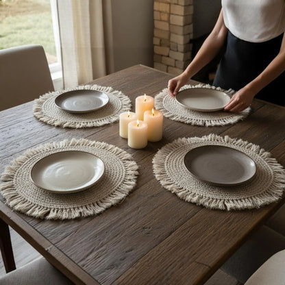 Tischset Makramee Platzset Tischdeko Untersetzer rund boho Deko creme 38 cm