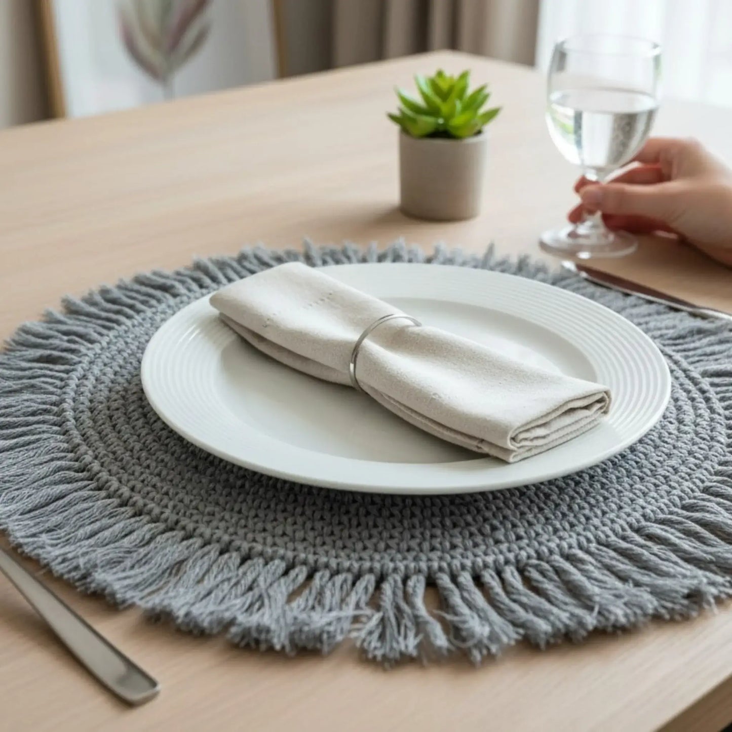 Tischset Makramee Platzset Tischdeko Untersetzer rund boho Deko grau 38 cm