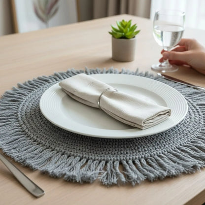 Tischset Makramee Platzset Tischdeko Untersetzer rund boho Deko grau 38 cm