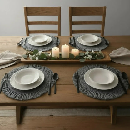 Tischset Makramee Platzset Tischdeko Untersetzer rund boho Deko grau 38 cm
