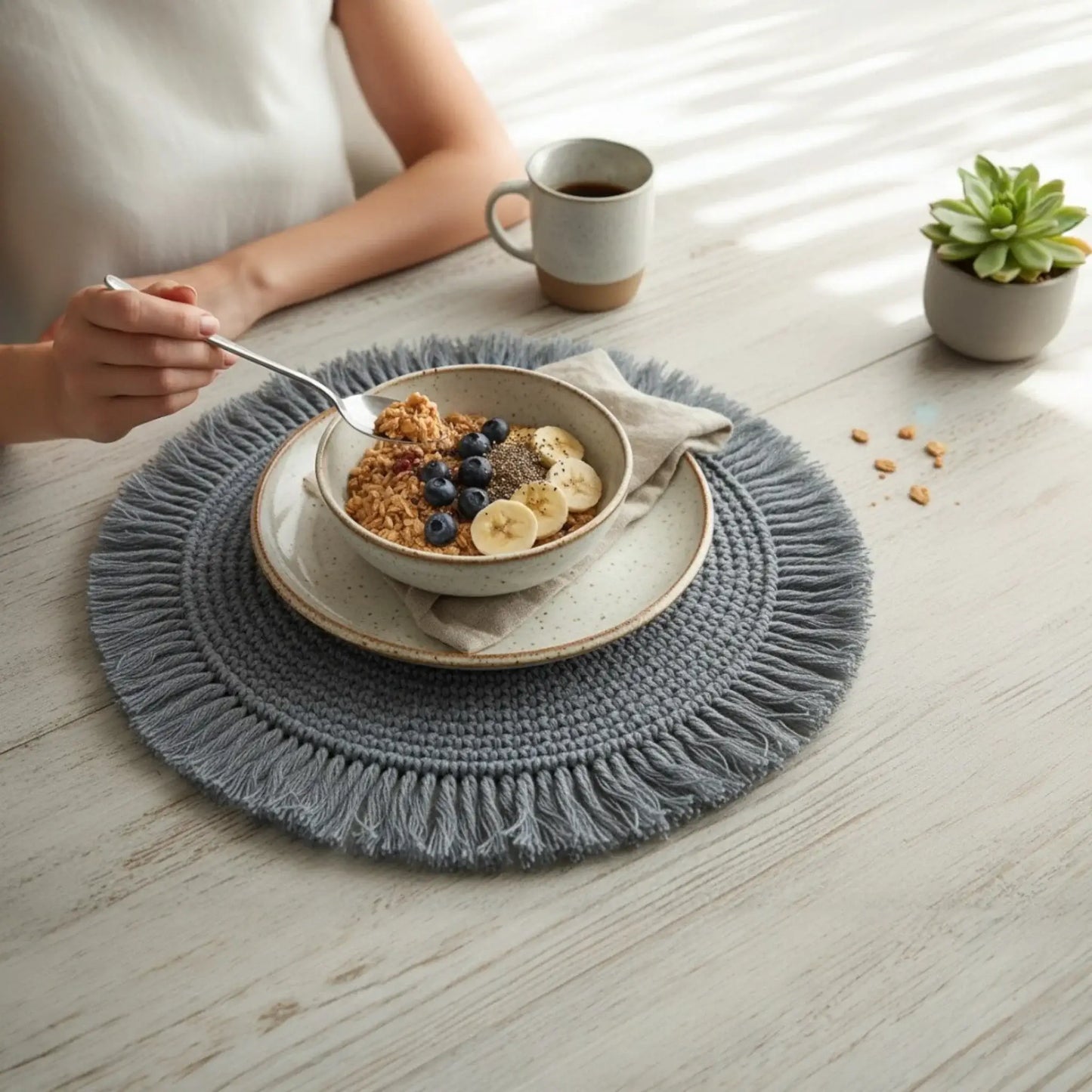 Tischset Makramee Platzset Tischdeko Untersetzer rund boho Deko grau 38 cm