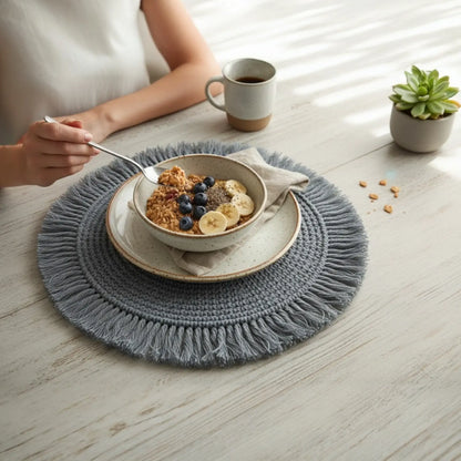 Tischset Makramee Platzset Tischdeko Untersetzer rund boho Deko grau 38 cm